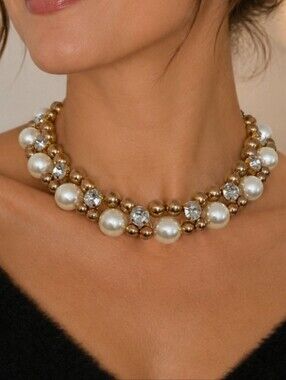 Elegant Vintage Gold Crystal and Pearl Cluster Statement Necklace